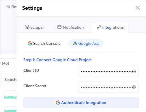 Authenticate Google Ads integration in SerpBear